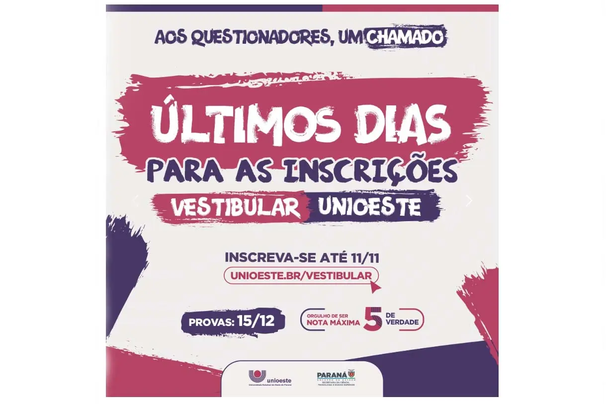 Inscrições para o Vestibular Unioeste 2025 encerram no próximo dia 11 de novembro